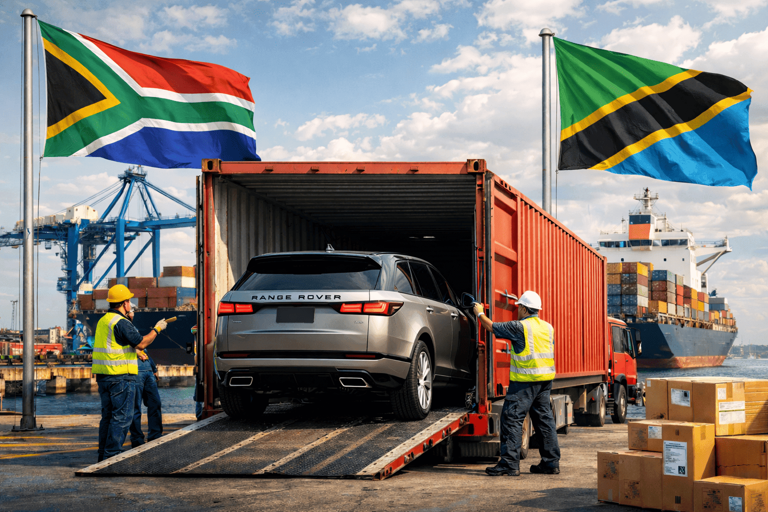 Car being loaded into a shipping container at port for export from South Africa to Tanzania with national flags visible