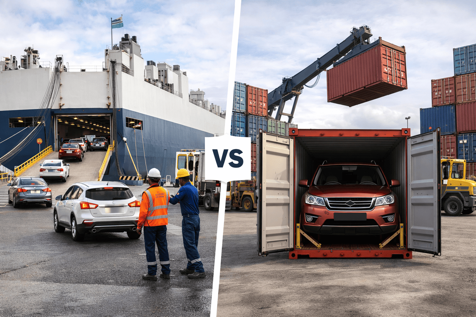 Comparison of RORO vessel loading vehicles and container car shipping at Durban port in South Africa