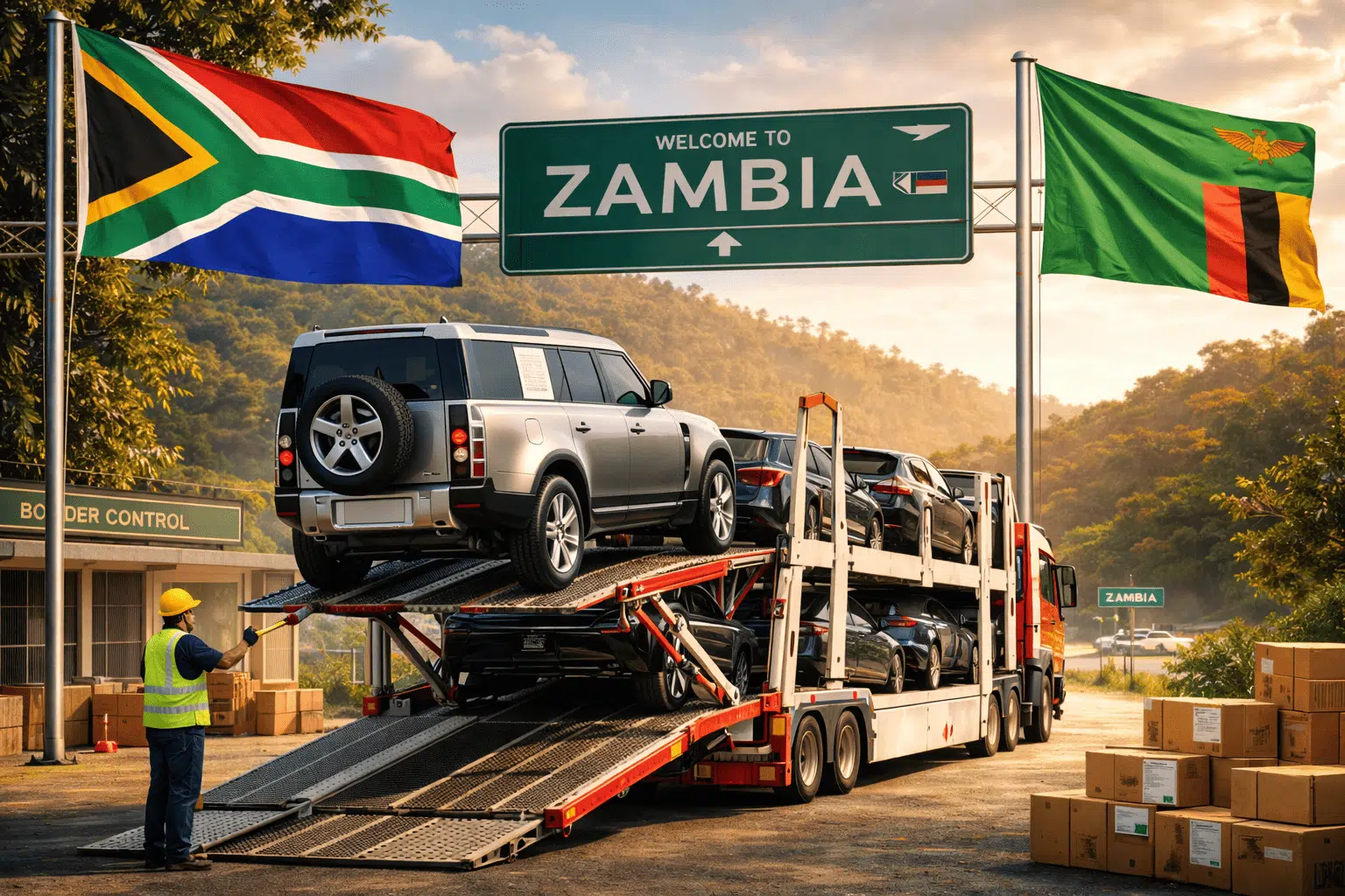 Car carrier truck transporting vehicles from South Africa to Zambia at border control checkpoint